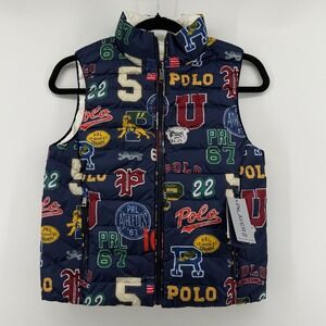 Polo Ralph Lauren Kids Reversible Puffer Vest Navy All over print Logo Pony NEW